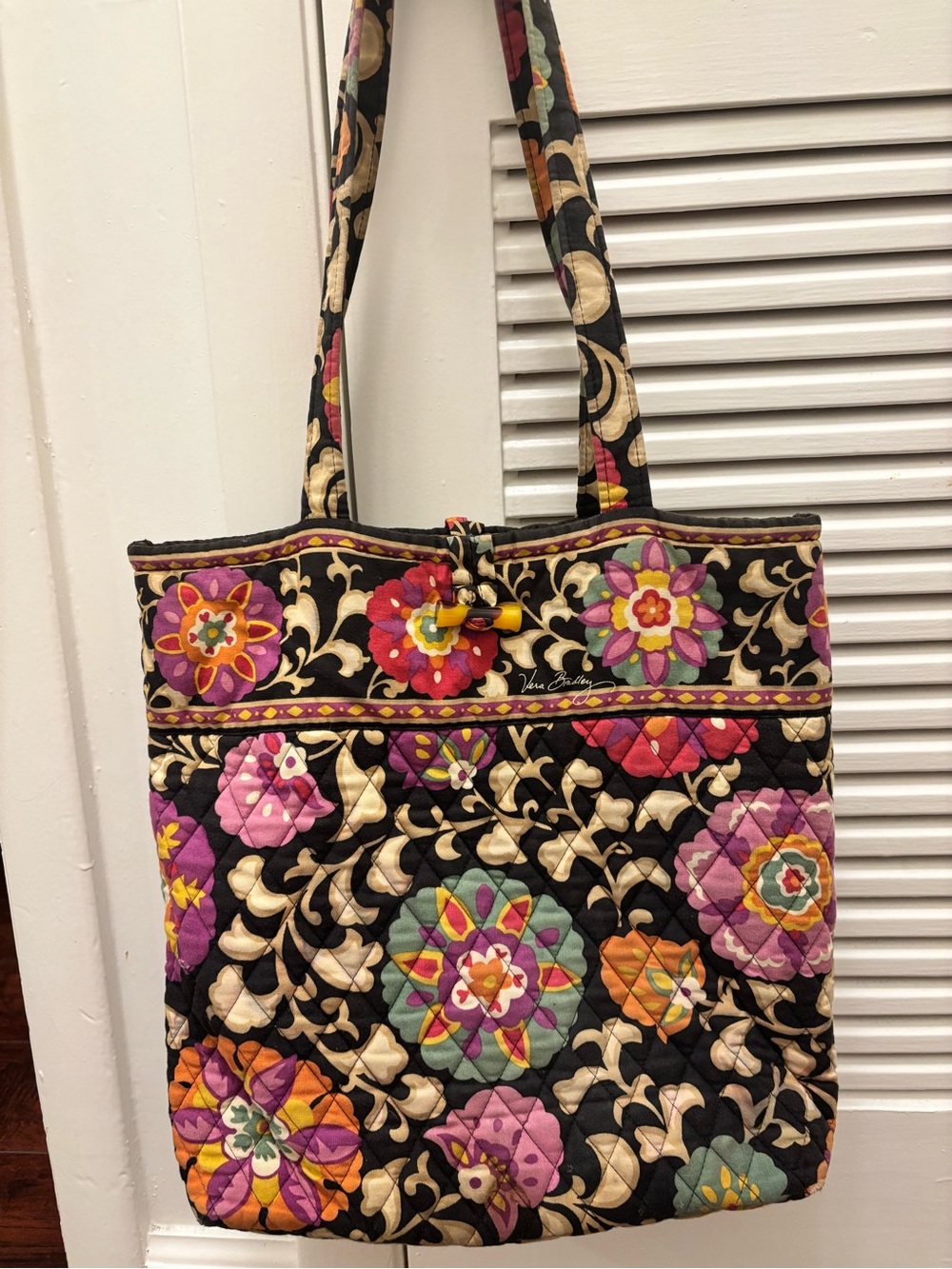 Vera Bradley Black Quilted Shoulder Bag with Multicolor Floral Medallions
